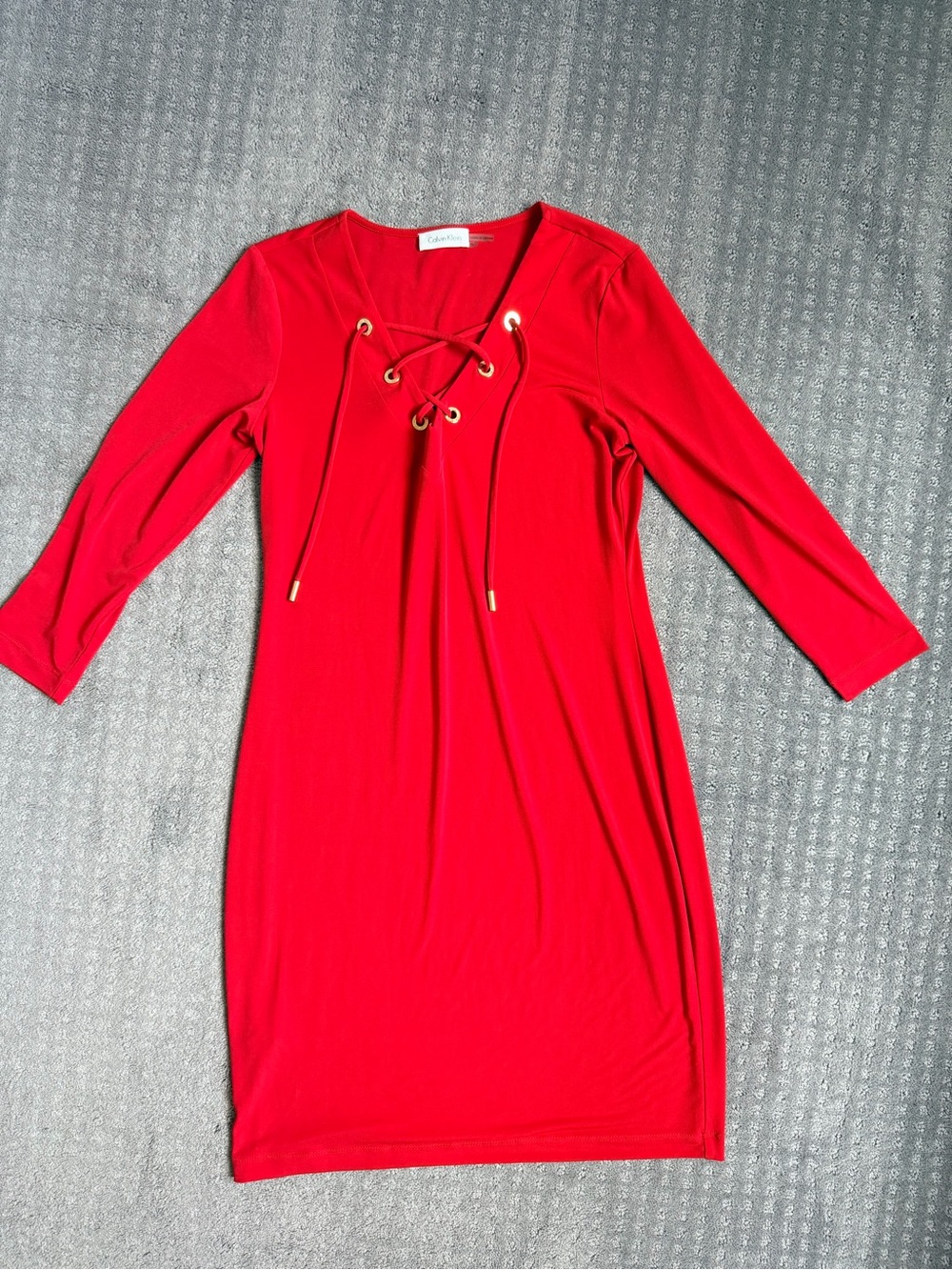 Calvin Klein Red Lace-Up V-Neck Long Sleeve Sheath Dress